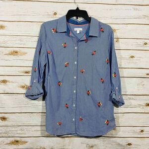 Charter Club Women's M Button Sleeve Blue White Striped Shirt Floral Embroidery